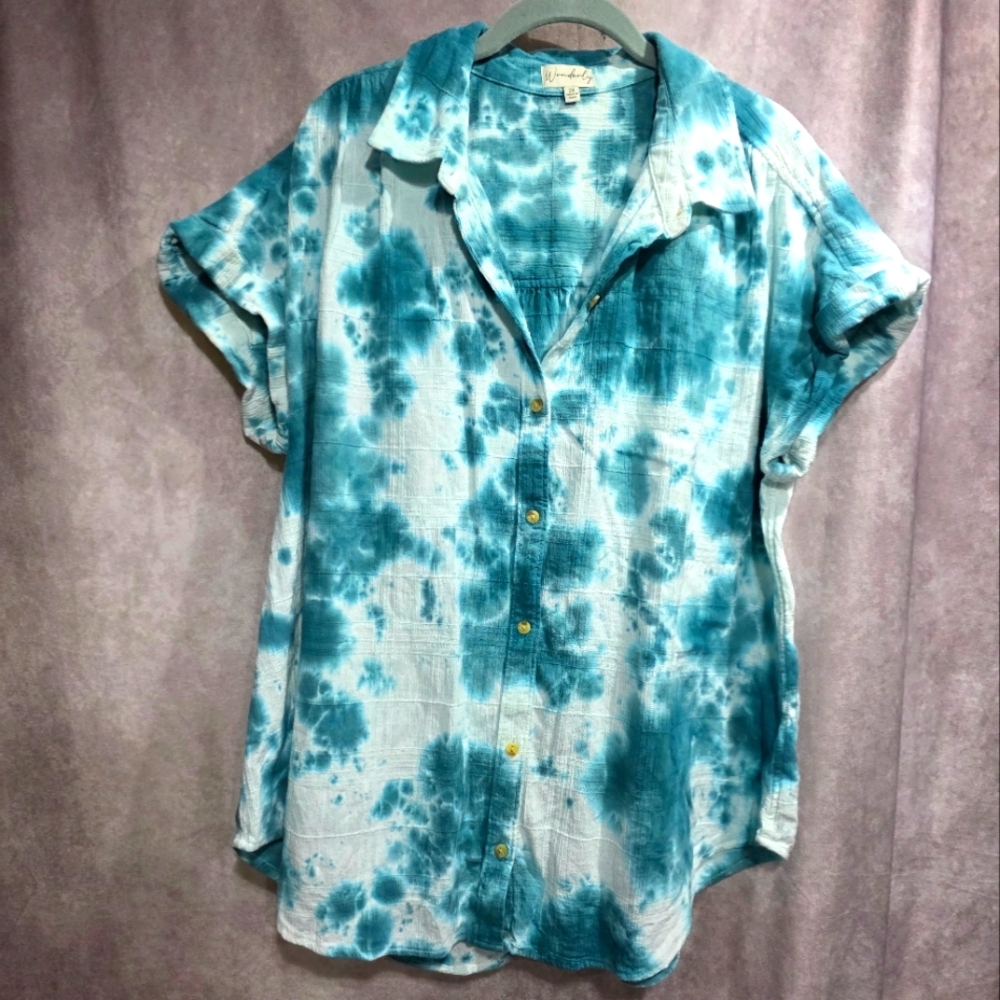 Women's Wonderly Teal Tie-Dye Button Down Shirt 2x